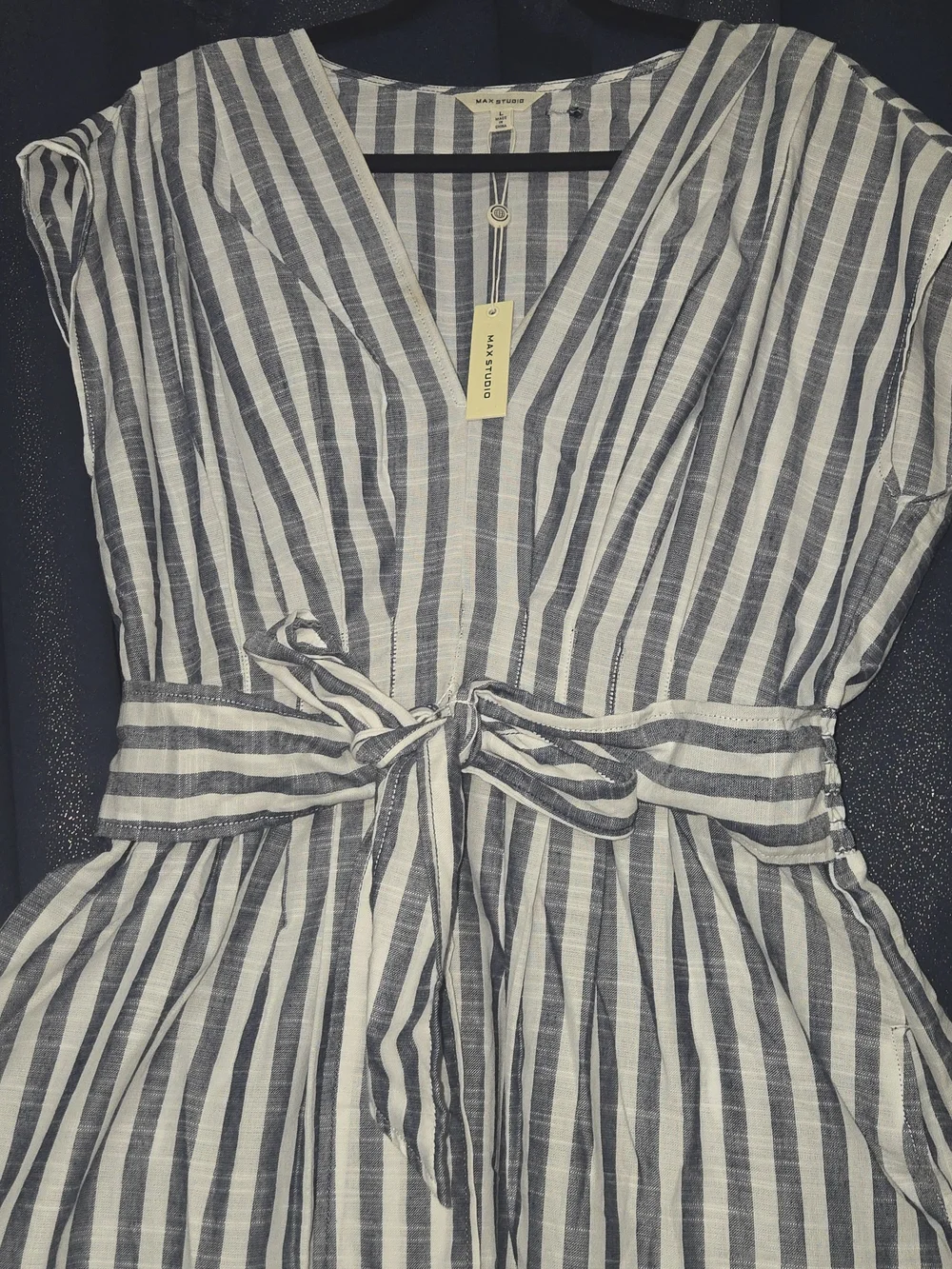 Max Studio Navy and White Striped Tie-Waist High-Low Dress